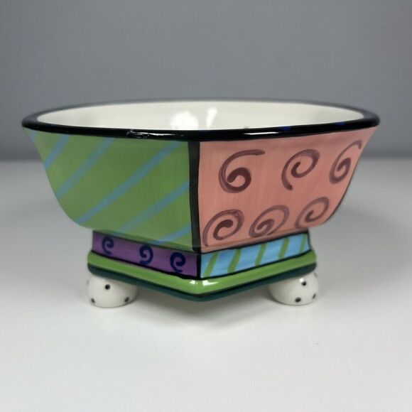 Studio Designworks 3 Footed Bowl Ceramic Polka Dots Swirls Stripes 6” - B - Picture 3 of 7